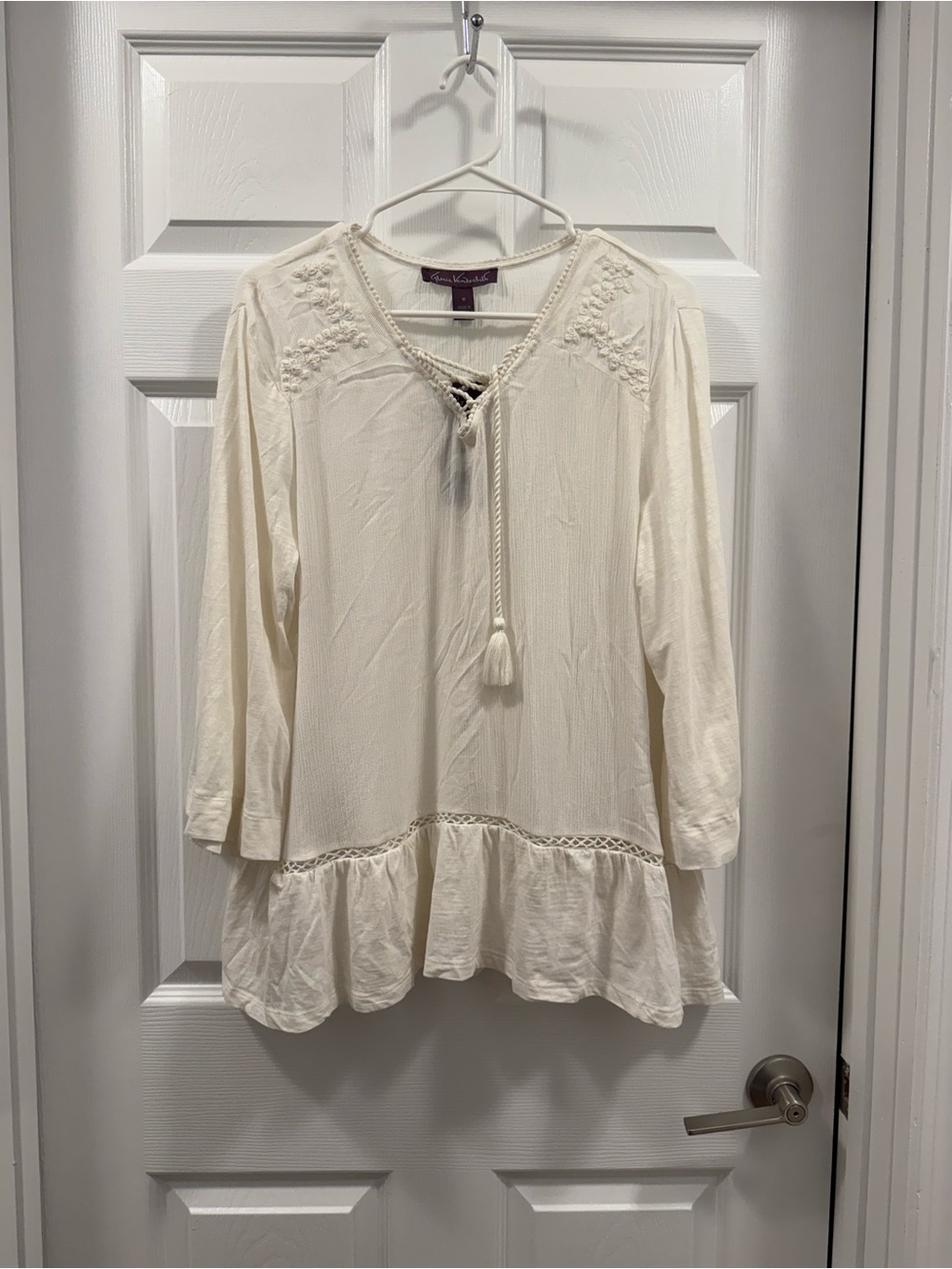 NWT Gloria Vanderbilt Boho Lace-Trim Cream Peasant Top size Medium
